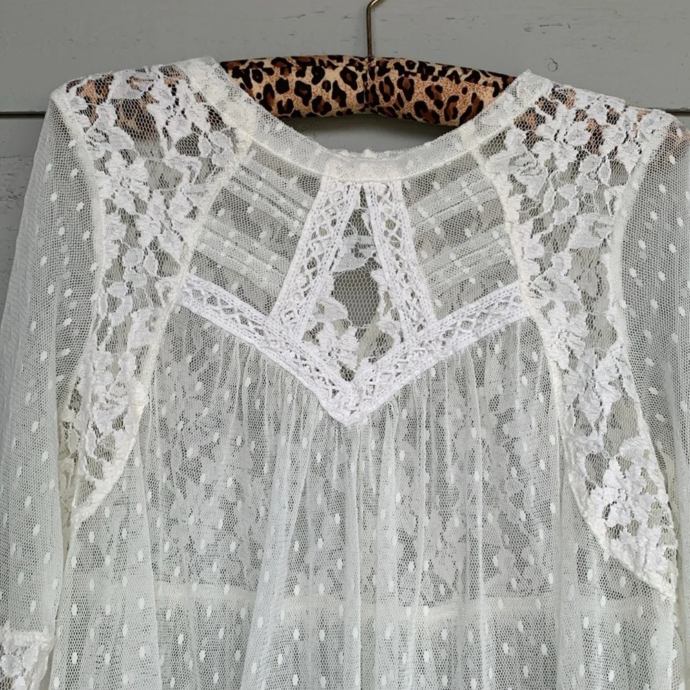 FREE PEOPLE BOHO IVORY/OFF WHITE MODERN ROMANCE SHEER LACE TOP - Picture 13 of 13